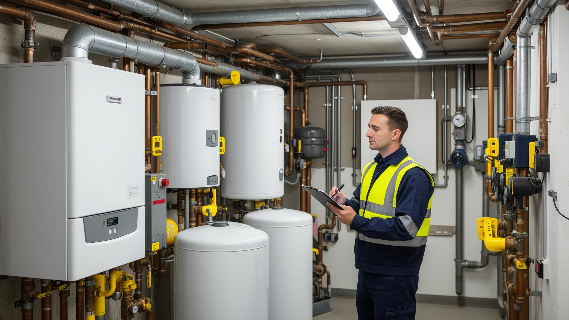 Commercial gas engineer in a boiler plant room