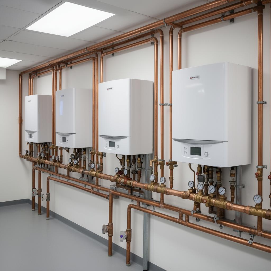 Commercial boiler cascade and pipework in a plant room