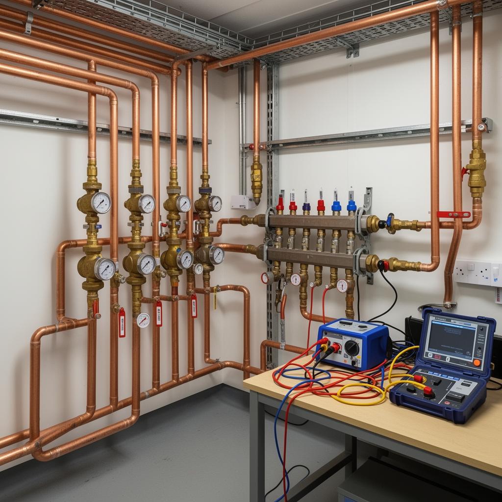 Commercial gas installation with copper pipework and test equipment